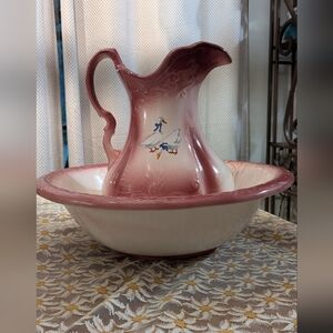 Antique England Ironstone 1890 Wash Basin Pitcher Set with Country Geese